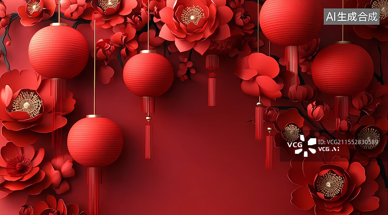 【AI数字艺术】灯笼花朵红色剪纸图片素材