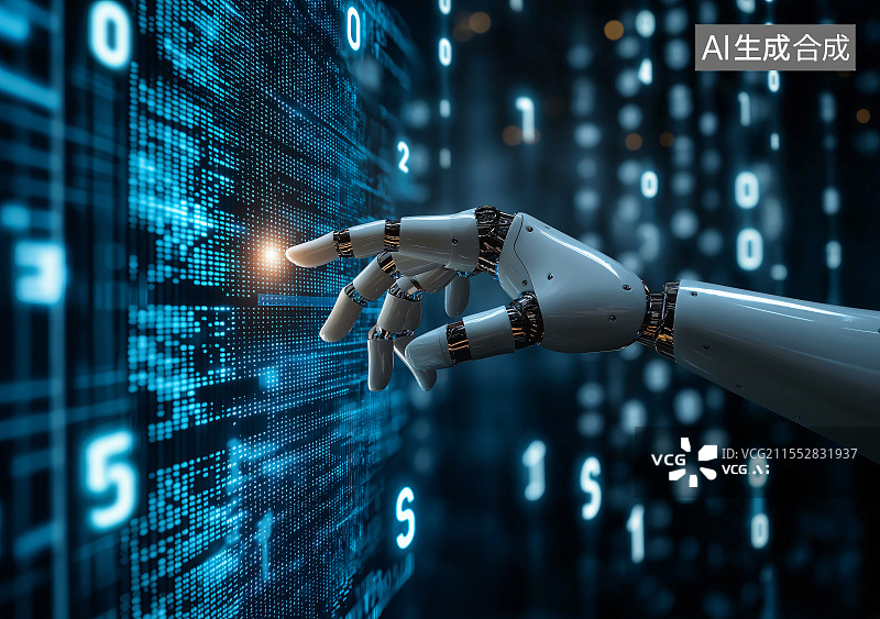 【AI数字艺术】机器手触摸虚拟世界，呈现科技与想象碰撞，数字幻影环绕，尽显未来前沿科技交互场景 。图片素材