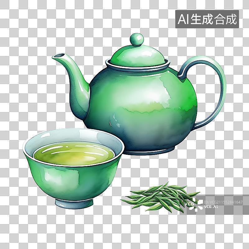 【AI数字艺术】国风手绘插画，茶具，茶壶茶杯，春茶，茶叶，茶文化，茶道免抠元素图片素材