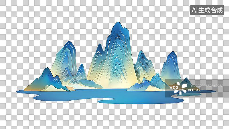 【AI数字艺术】国风手绘插画，青绿山水画，国潮风山元素，免抠素材图片素材