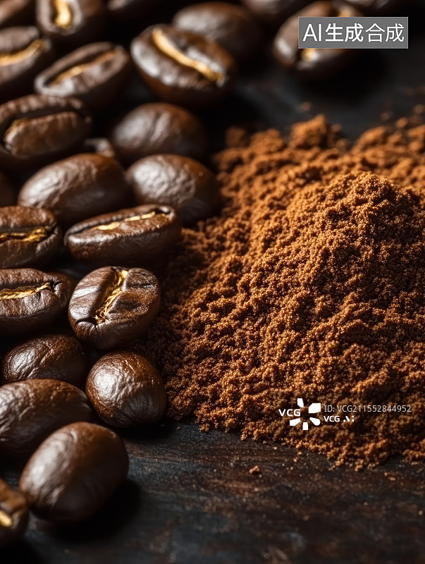 【AI数字艺术】烘焙咖啡豆和研磨咖啡粉颗粒图片素材