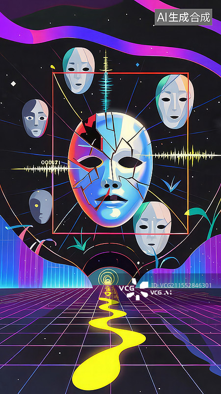 【AI数字艺术】数字复健与镜像碎片：帕金森霓虹声波破裂镜面扁平化插画设计图片素材