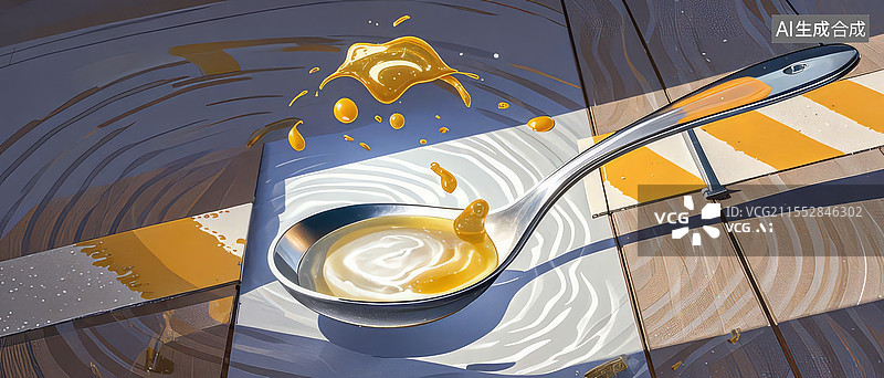 【AI数字艺术】倾斜的汤勺与涟漪：帕金森患者手抖液体溅落扁平化插画设计图片素材