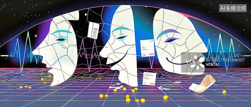 【AI数字艺术】数字复健与镜像碎片：帕金森霓虹声波破裂镜面扁平化插画设计图片素材