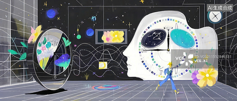 【AI数字艺术】数字复健与镜像碎片：帕金森霓虹声波破裂镜面扁平化插画设计图片素材