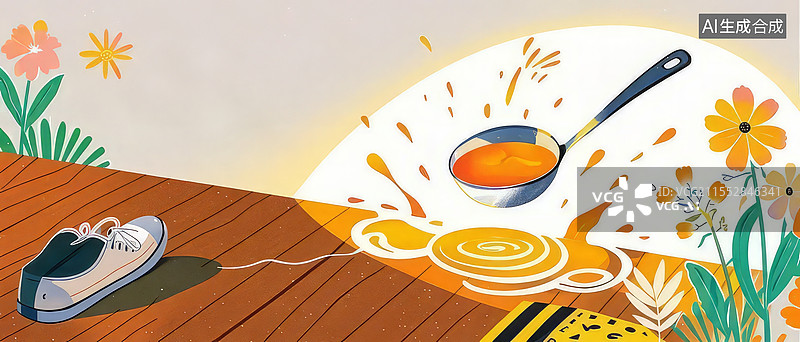 【AI数字艺术】倾斜的汤勺与涟漪：帕金森患者手抖液体溅落扁平化插画设计图片素材