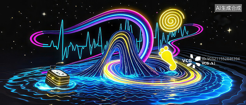 【AI数字艺术】数字复健与镜像碎片：帕金森霓虹声波破裂镜面扁平化插画设计图片素材