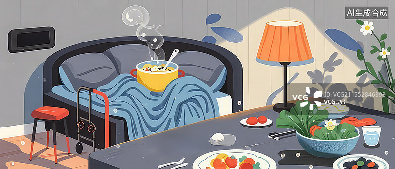 【AI数字艺术】夜灯与防抖餐具：帕金森漩涡床单哑光餐具扁平化插画设计图片素材