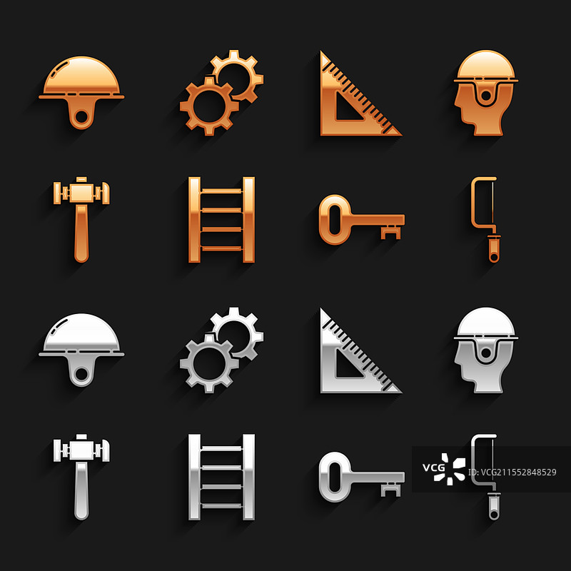 木制楼梯、工人、安全头盔、手锯图片素材