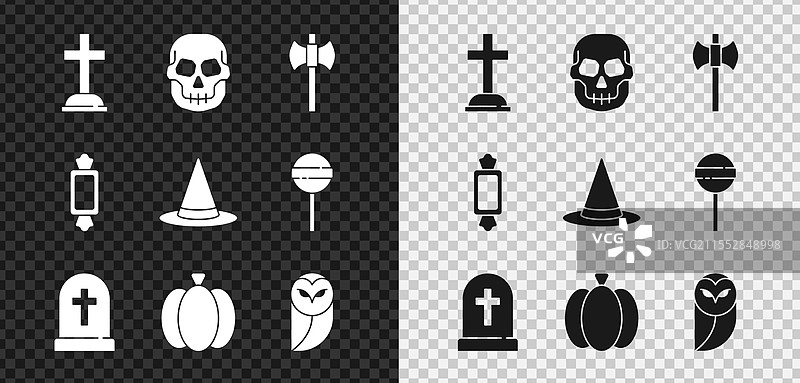 带有十字架的墓碑、骷髅、木斧和南瓜图片素材