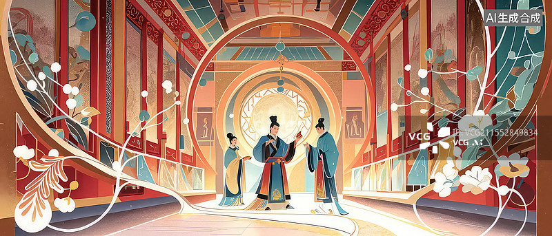 【AI数字艺术】蔺相如完璧归赵历史插画，玉璧外交谋略展现战国智慧博弈图片素材