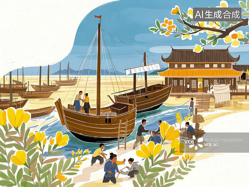 【AI数字艺术】曹冲称象智慧典故插画，码头船只称重工具展现古代数学思维图片素材