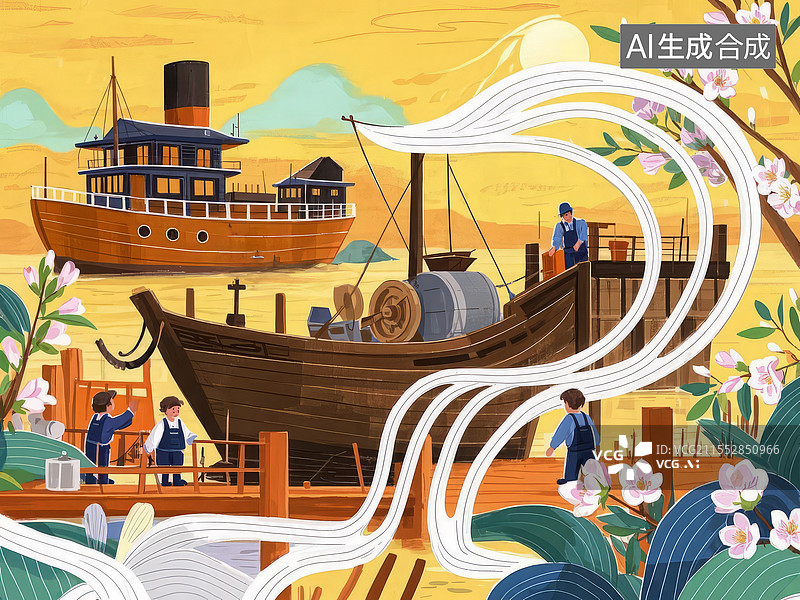 【AI数字艺术】曹冲称象智慧典故插画，码头船只称重工具展现古代数学思维图片素材