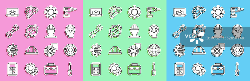 设置带有齿轮和箭头的线性螺丝刀工作流程图片素材