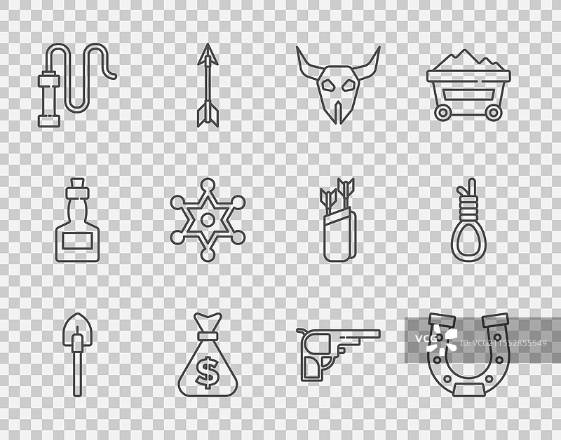 设置线铲、马蹄铁、水牛头骨、钱袋图片素材