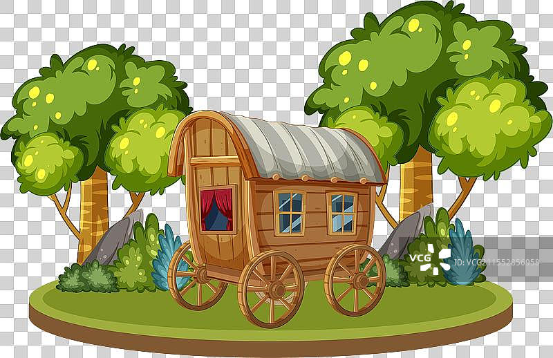 卡通木制大篷车在郁郁葱葱的树木之间图片素材