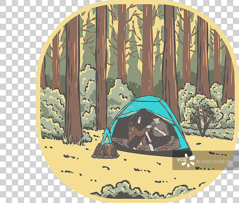 与伴侣在大自然中露营的复古户外场景图片素材