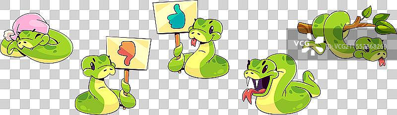 绿色蛇字符集在白色背景上图片素材