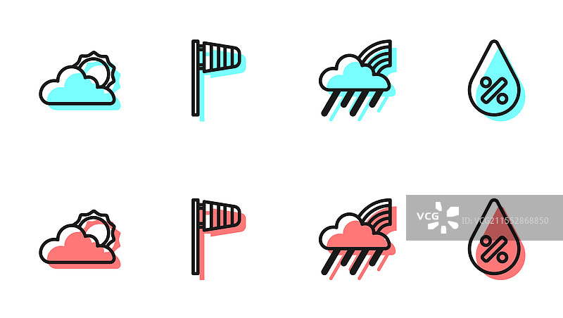 彩虹、云朵和阳光雨天气的线条图图片素材