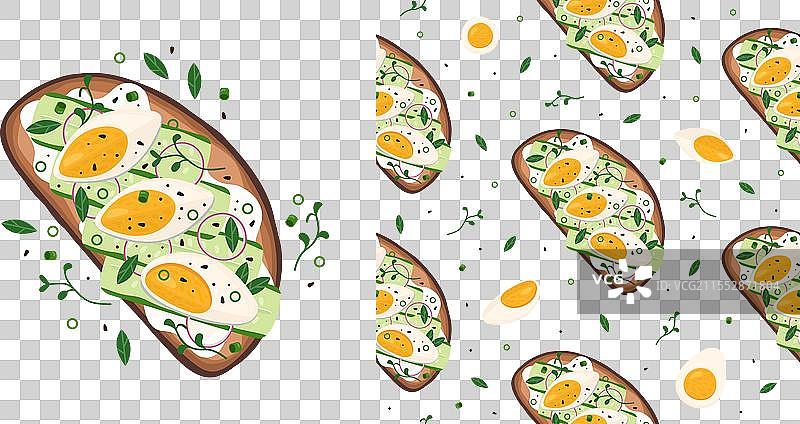 黄瓜、煮鸡蛋和洋葱的吐司图片素材