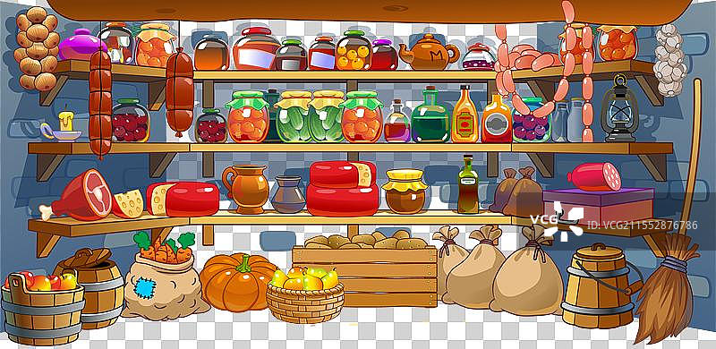 储藏室内的罐装食品，经典的储藏室概念图片素材