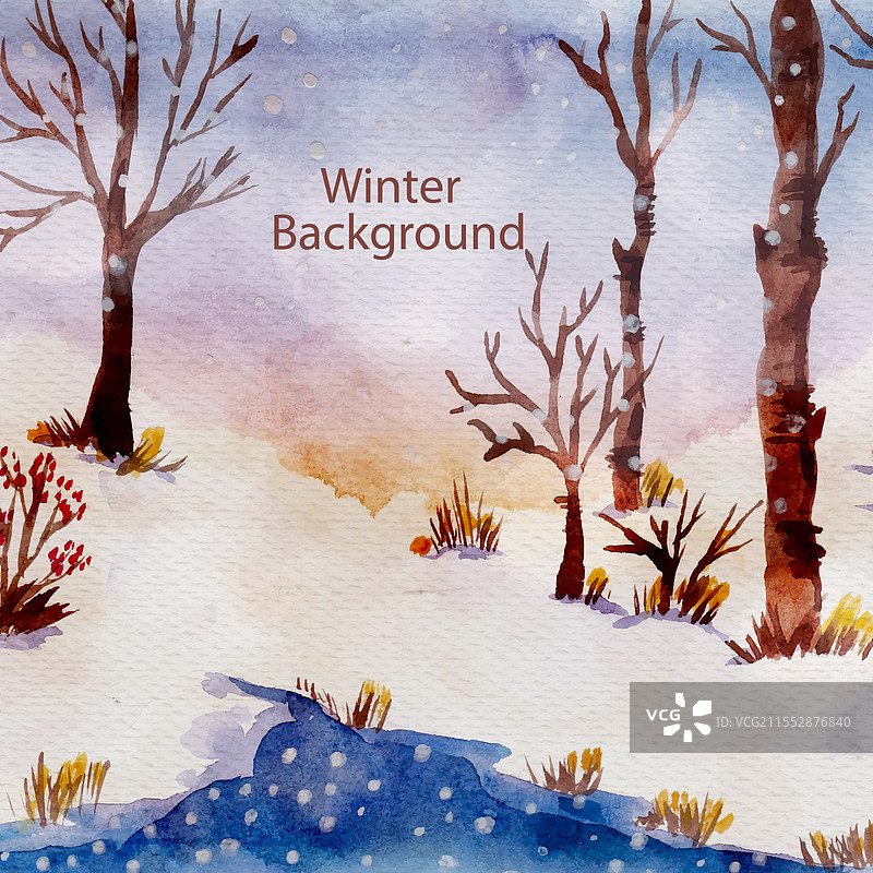 水彩冬季背景与树木图片素材
