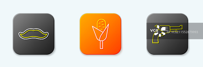 胡须、玉米和左轮手枪图标的线条设计图片素材