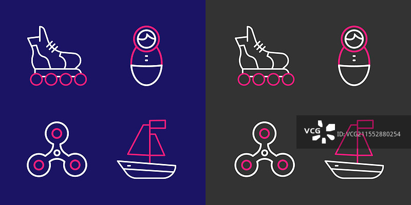 排队的玩具船、指尖陀螺、翻转玩具和洋娃娃玩具图片素材