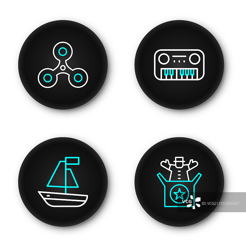 玩具盒中的小丑玩具、玩具船和钢琴图片素材