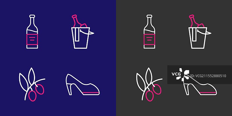 一排女人鞋子、橄榄枝和一瓶葡萄酒图片素材