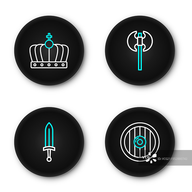 圆形木盾、骑士剑和斧头的组合图片素材