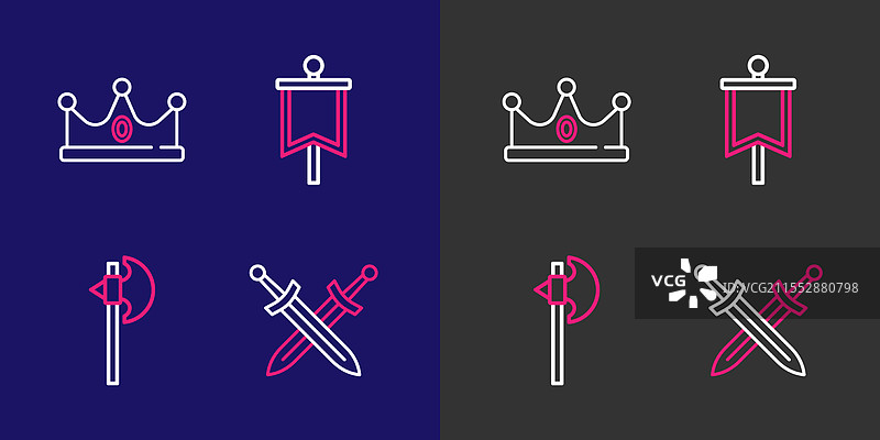 交叉的中世纪剑、中世纪斧头和旗帜图片素材