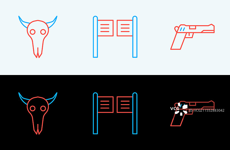 左轮手枪或枪支、野牛头骨和酒吧图片素材