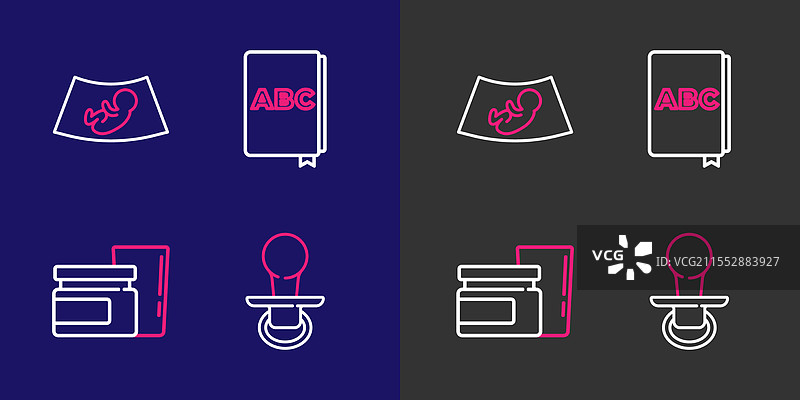 婴儿安抚奶嘴、食物、字母书和其他物品的排列图片素材