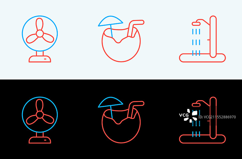 海滩淋浴、电风扇和椰子设置图片素材