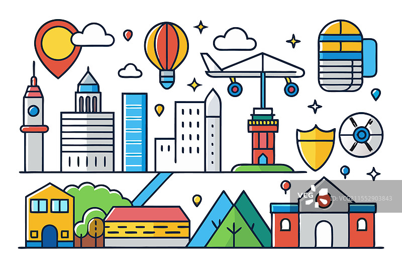 奇幻城市图标，包括著名建筑结构图片素材