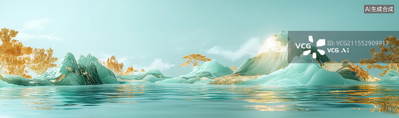 【AI数字艺术】中式三维立体绿色于是鎏金意境山水图片素材