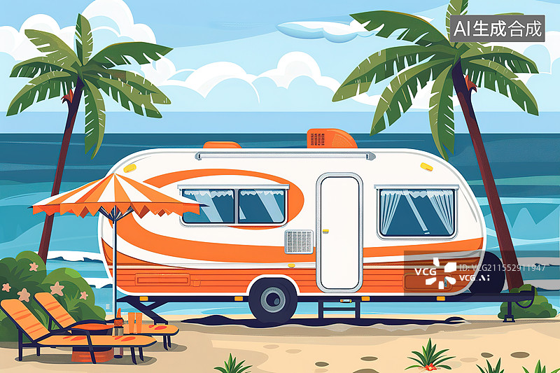 【AI数字艺术】清新扁平风海边的遮阳伞躺椅和露营拖车插画图片素材