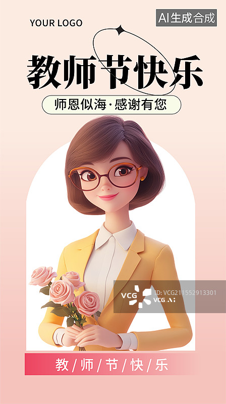 【AI数字艺术】教师节3D立体人物教师捧着鲜花清新海报模板图片素材