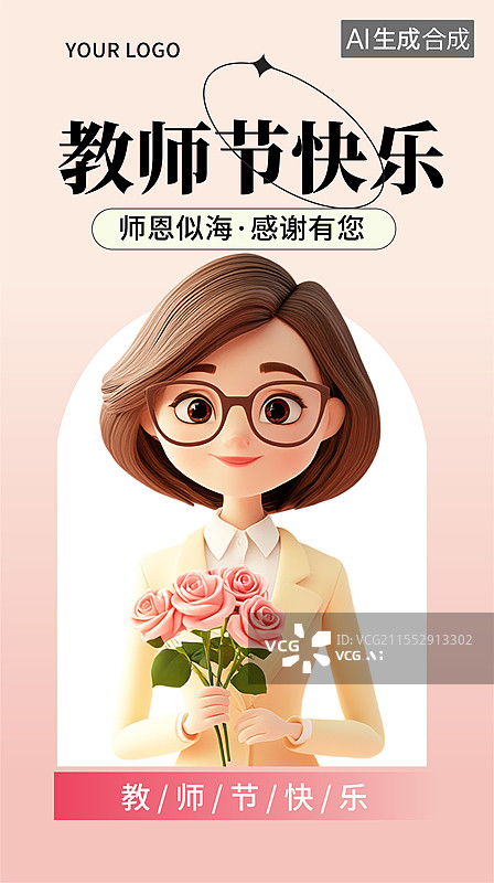 【AI数字艺术】教师节3D立体人物教师捧着鲜花清新海报模板图片素材