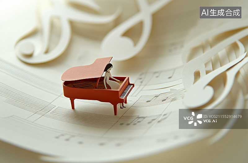 【AI数字艺术】微缩景观中，一位穿着礼服的女人坐在乐谱上弹奏钢琴，象征着音乐与表演的和谐。此概念展现了优雅、创造力以图片素材