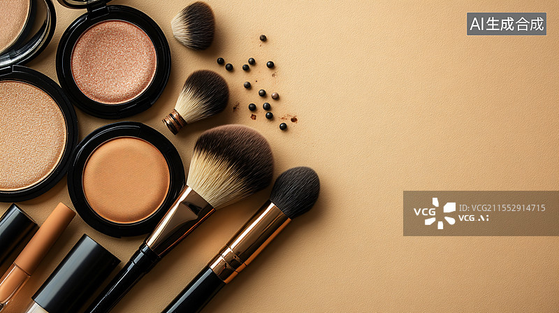 【AI数字艺术】化妆刷、眼影和腮红等化妆工具的特写，背景为简单的纯色，象征美丽、时尚和自我表达的艺术，突出化妆的魅力图片素材