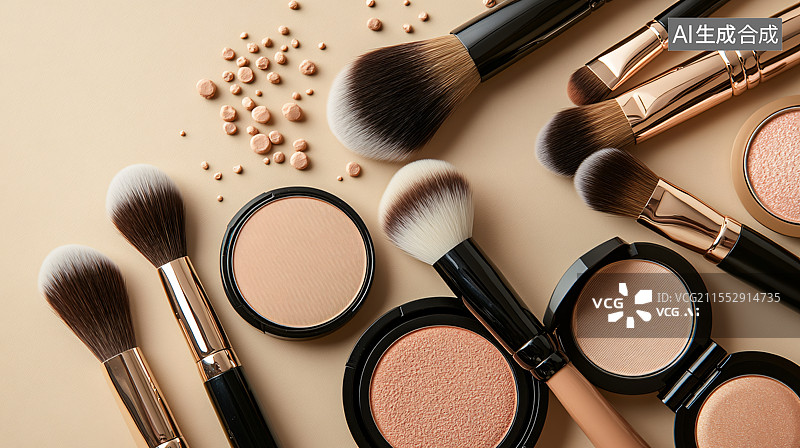 【AI数字艺术】化妆刷、眼影和腮红等化妆工具的特写，背景为简单的纯色，象征美丽、时尚和自我表达的艺术，突出化妆的魅力图片素材