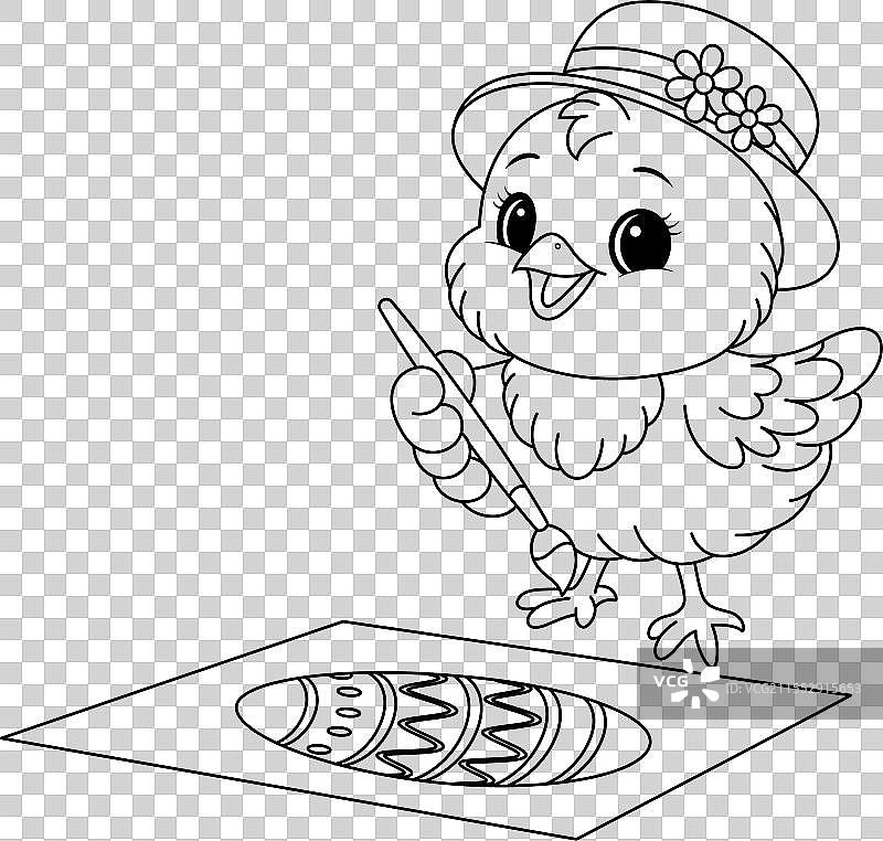 快乐的小鸡绘制复活节彩蛋涂色页图片素材