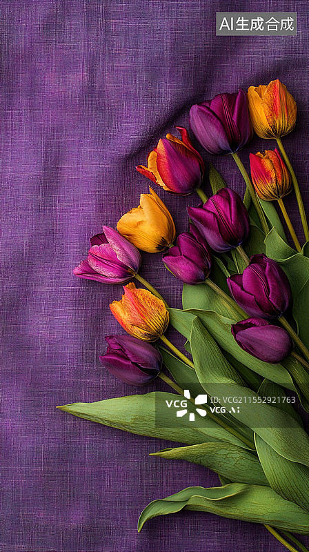 【AI数字艺术】女神节母亲节优雅复古春季贺卡设计紫色亚麻纹理上干燥郁金香花束产品展示、装饰元素和复古促销材料海报背景图片素材