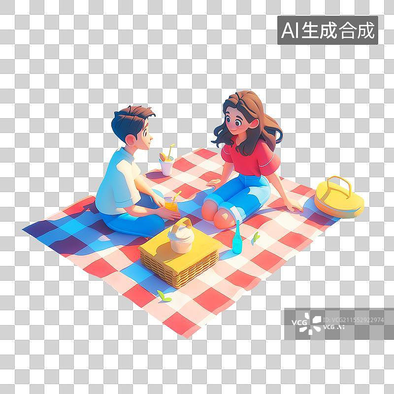 【AI数字艺术】3D免抠元素人物卡通情侣春季清新春游野餐男孩女孩图片素材