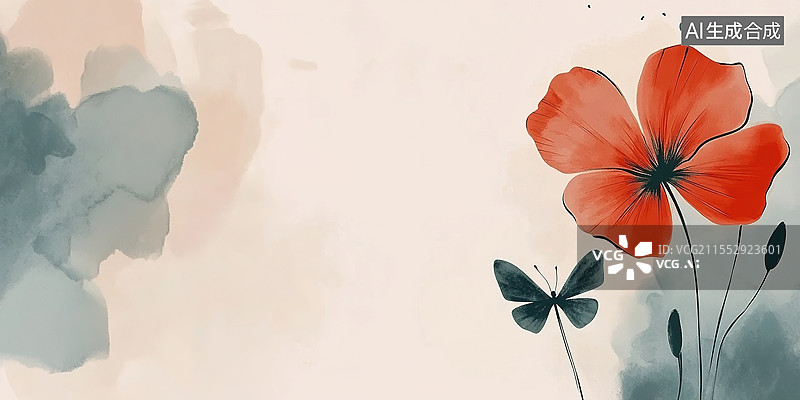 【AI数字艺术】抽象水彩春季花卉设计白色背景上的扁平化模糊边缘花朵与彩色蝴蝶图形电商横幅包装和季节性促艺术壁纸背景销图片素材