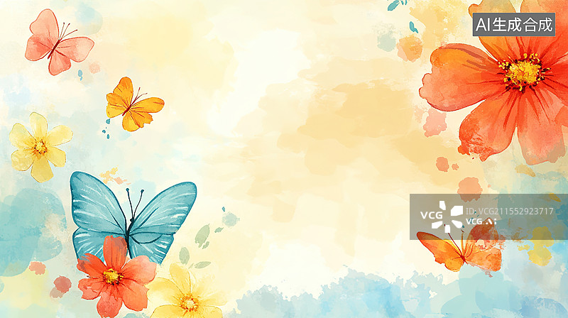【AI数字艺术】抽象水彩春季花卉设计白色背景上的扁平化模糊边缘花朵与彩色蝴蝶图形电商横幅包装和季节性促艺术壁纸背景销图片素材