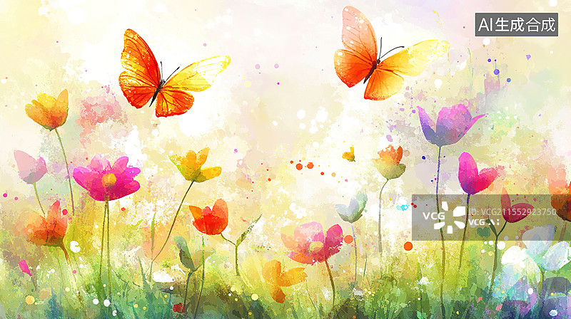 【AI数字艺术】抽象水彩春季花卉设计白色背景上的扁平化模糊边缘花朵与彩色蝴蝶图形电商横幅包装和季节性促艺术壁纸背景销图片素材