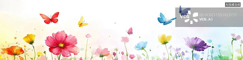 【AI数字艺术】抽象水彩春季花卉设计白色背景上的扁平化模糊边缘花朵与彩色蝴蝶图形电商横幅包装和季节性促艺术壁纸背景销图片素材